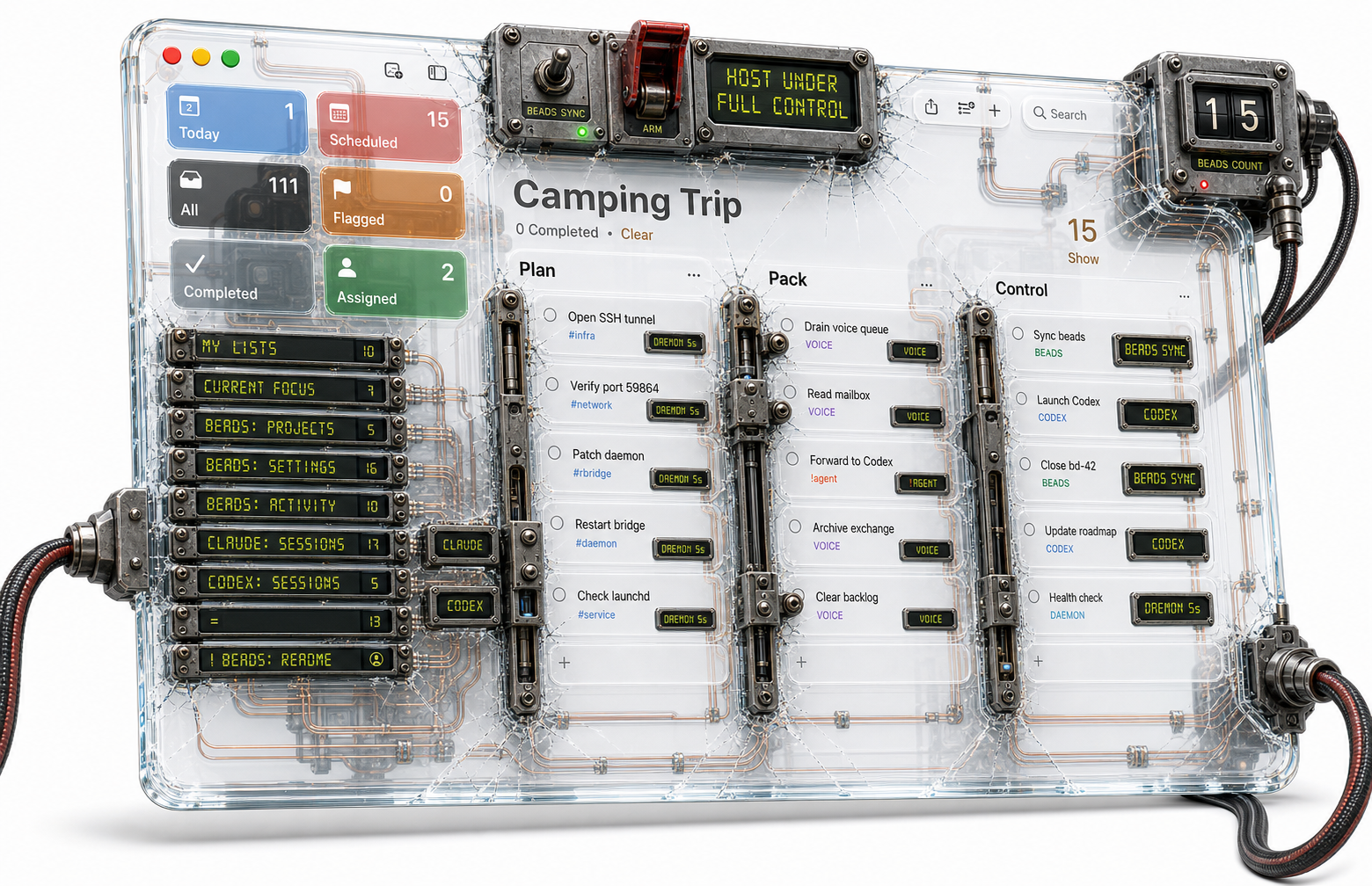 Reminders.app rendered as an industrial control panel — lists shown as LCD-style displays, daemon switches and gauges around the edges, with HOST UNDER FULL CONTROL displayed in the central readout.